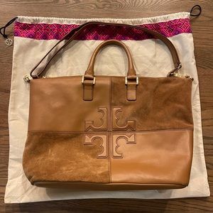 Authentic Tory Burch Natalie Patchwork Cognac leather satchel w/ original duster